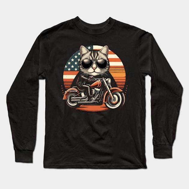 Funny Biker Cat Dad Motorcycle Rider Cat Lover Biker USA Flag Long Sleeve T-Shirt by TopTees